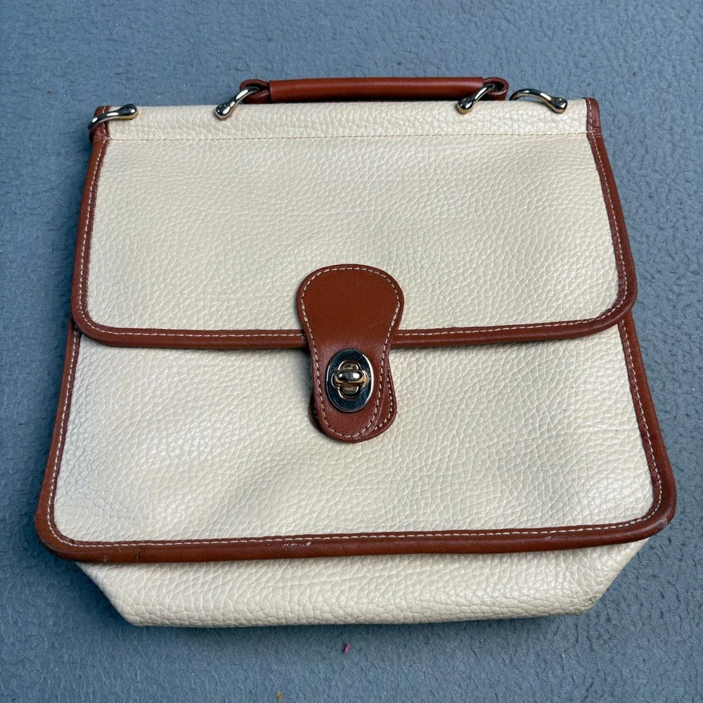 Vintage Pebbled Leather Satchel Handbag Cream Brown Turn Lock Top Handle Bag